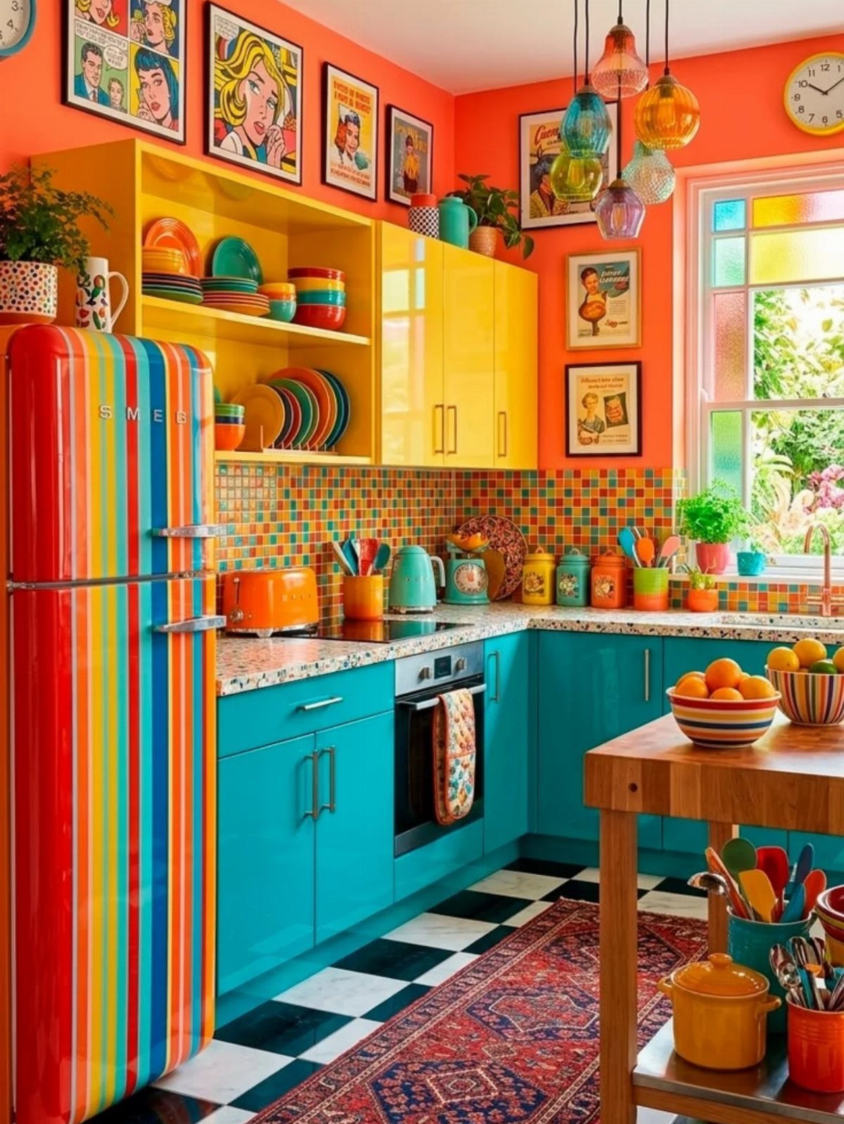 22 Apt Kitchen Ideas to Maximize Style and Function 16 Colorful kitchen with rainbow refrigerator, yellow and turquoise cabinets, and checkerboard flooring.