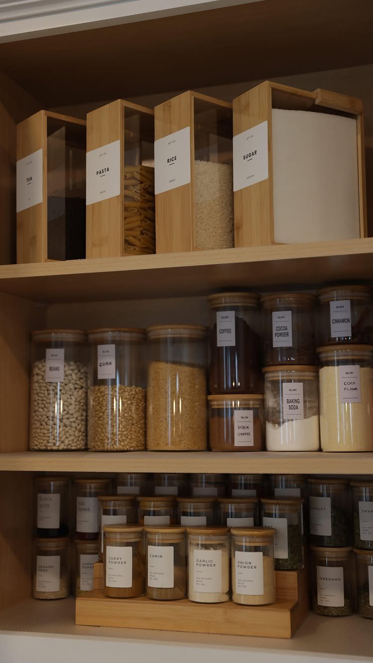 22 Apt Kitchen Ideas to Maximize Style and Function 22 Organized pantry shelves with bamboo and glass storage jars containing various dry goods.