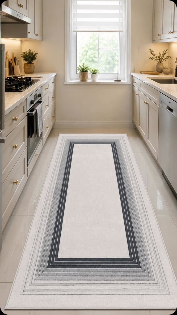 22 Apt Kitchen Ideas to Maximize Style and Function 18 Long grey and white runner rug on a light tile kitchen floor