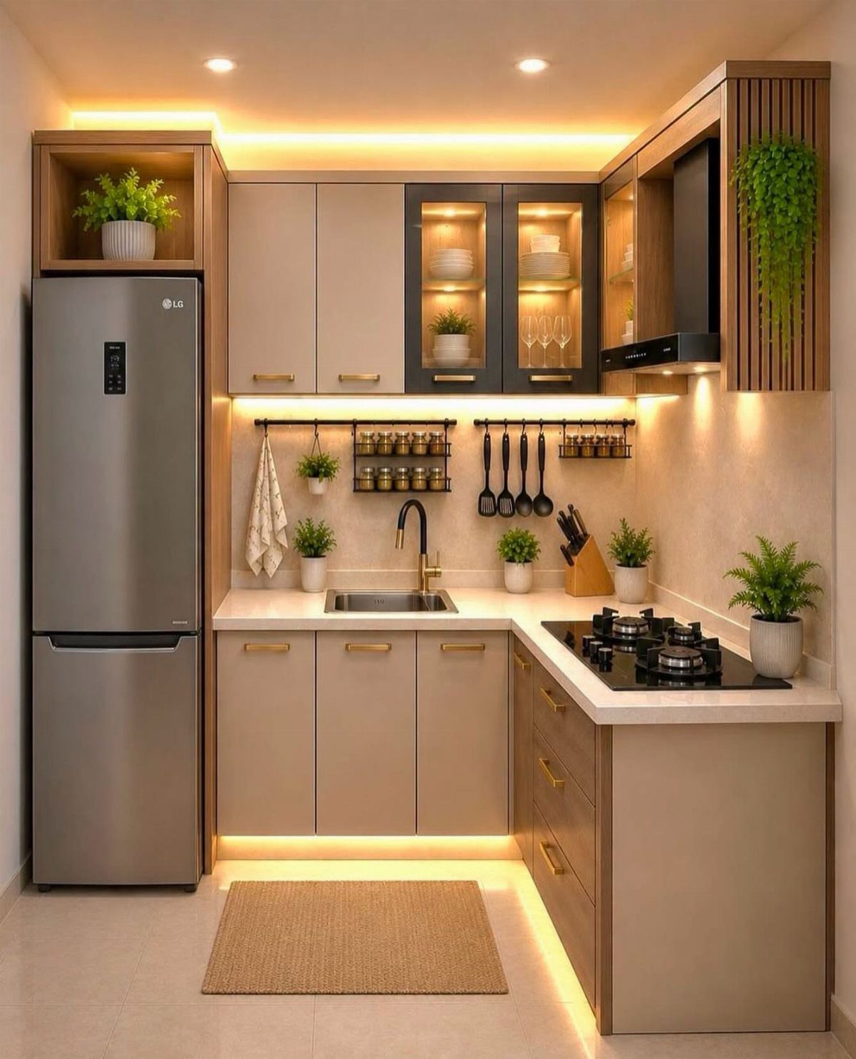 22 Apt Kitchen Ideas to Maximize Style and Function 7 Modern beige kitchen with under-cabinet lighting, stainless steel refrigerator, and potted greenery.