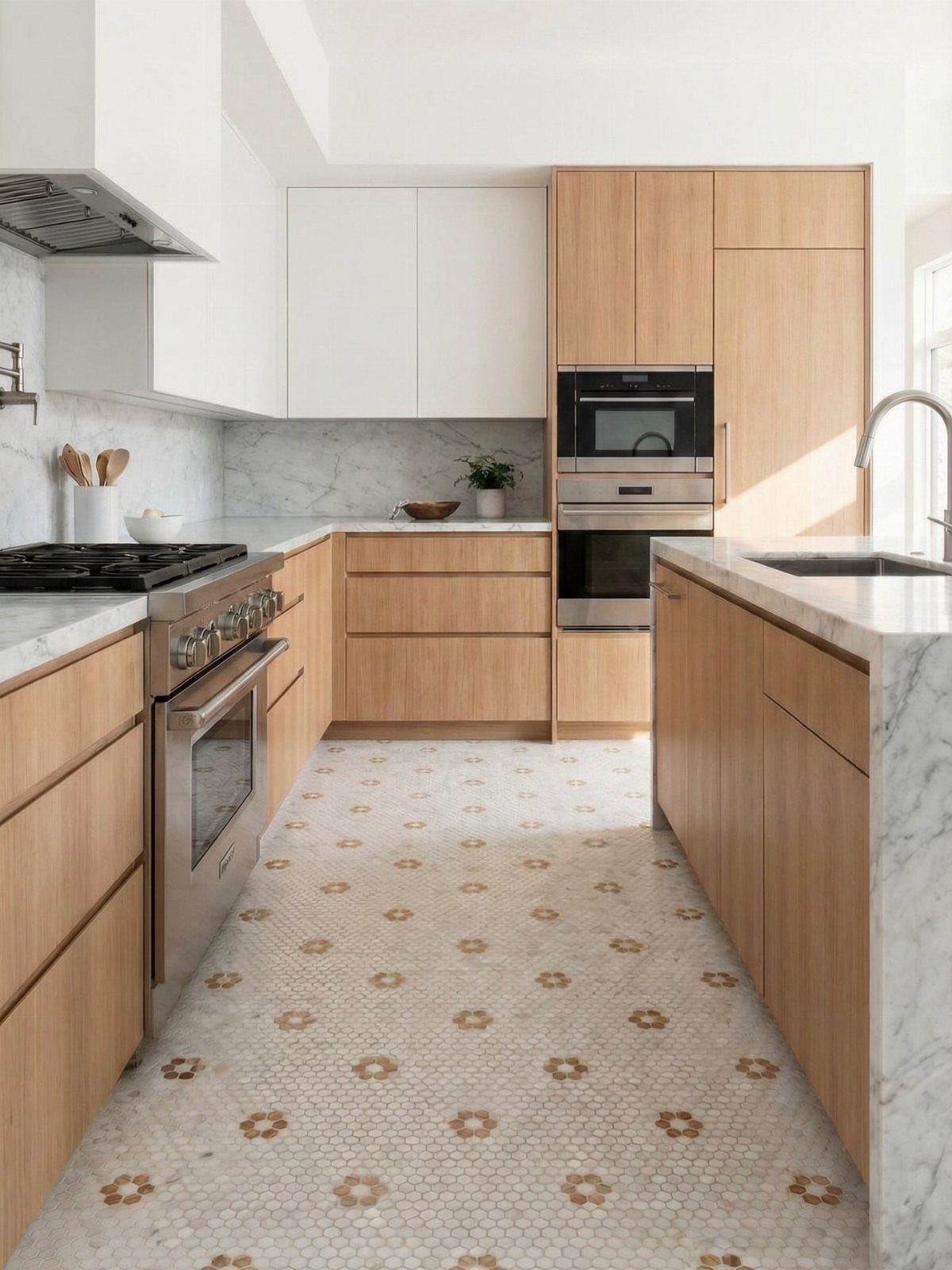 22 Apt Kitchen Ideas to Maximize Style and Function 12 Mosaic tile floor with gold floral patterns in a modern light wood kitchen