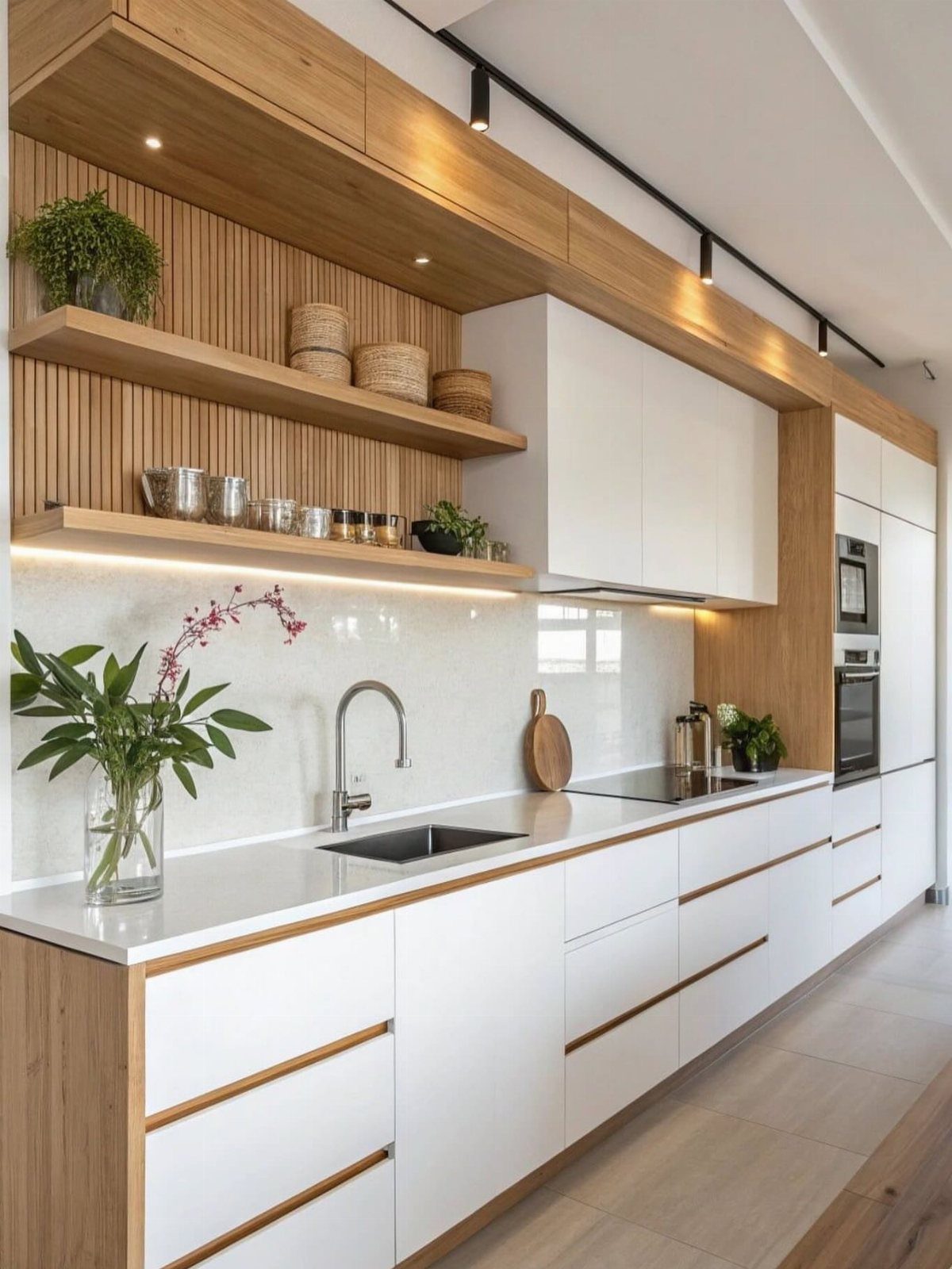 22 Apt Kitchen Ideas to Maximize Style and Function 5 Modern one-wall kitchen with white cabinets, wooden shelving, and a white countertop.
