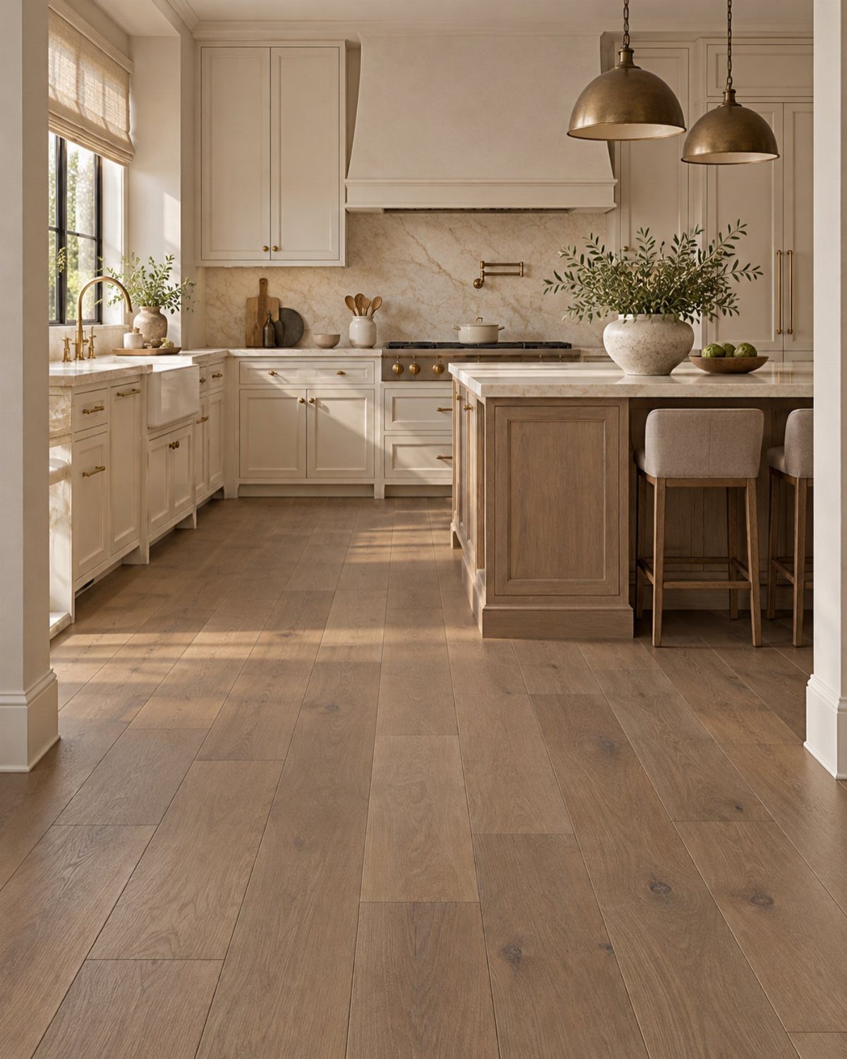 22 Apt Kitchen Ideas to Maximize Style and Function 17 Rustic wooden flooring in a bright kitchen with white cabinets and a wooden island.