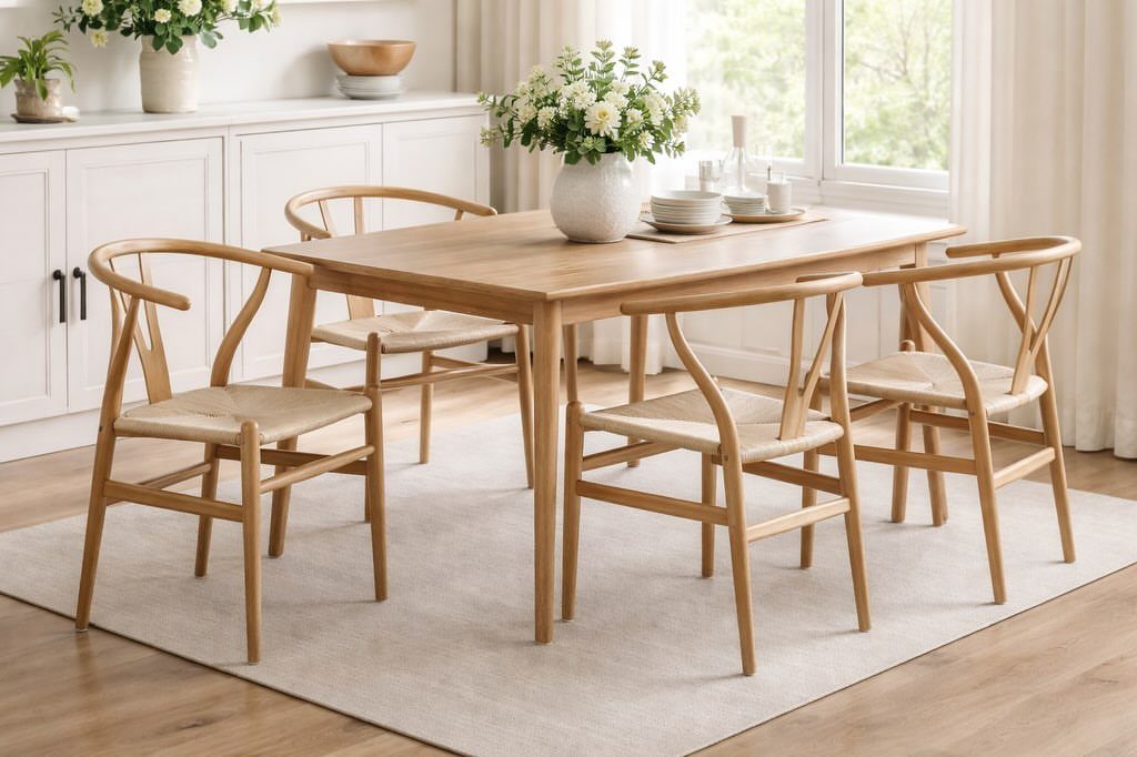 Ash wood dining chairs with curved backs around a wooden table in a bright room.