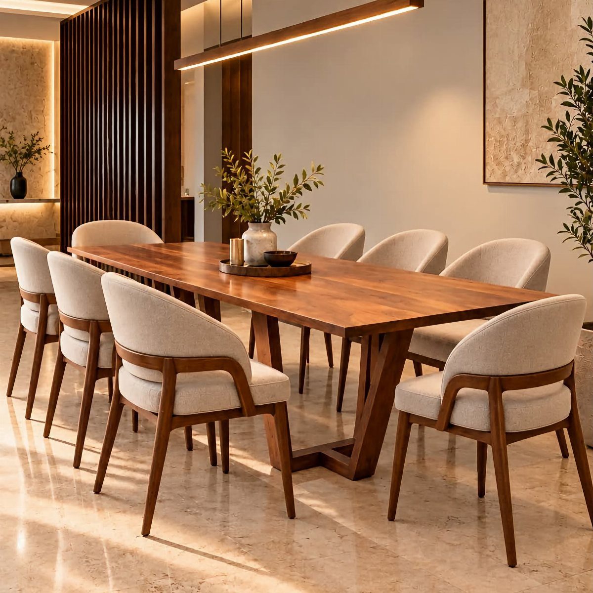 Modern dining set with a long wooden table and beige upholstered ash wood chairs.