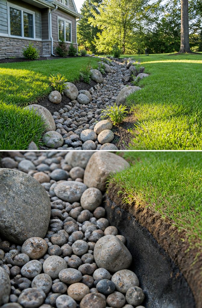 Bioswale filled with river rock directing water flow.