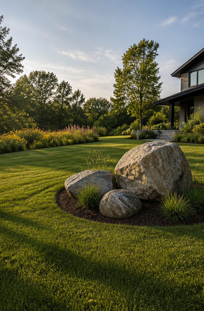 Large boulders placed in an open lawn area.