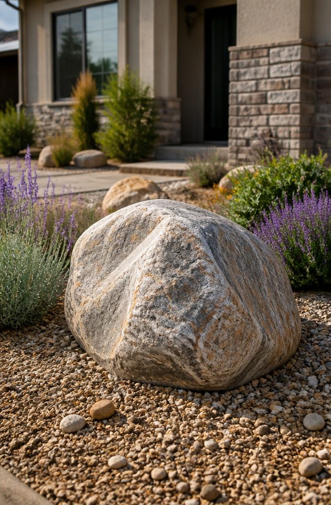 Large boulder surrounded by gravel and drought-tolerant plants.