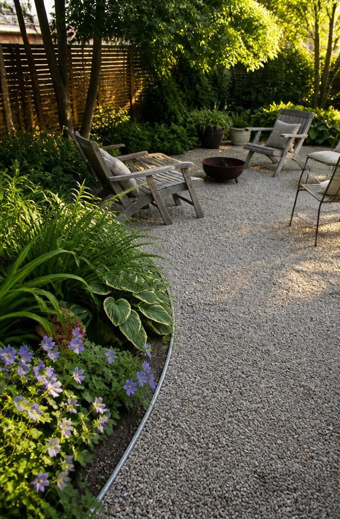 Gravel patio defined by aluminum edging and outdoor furniture.