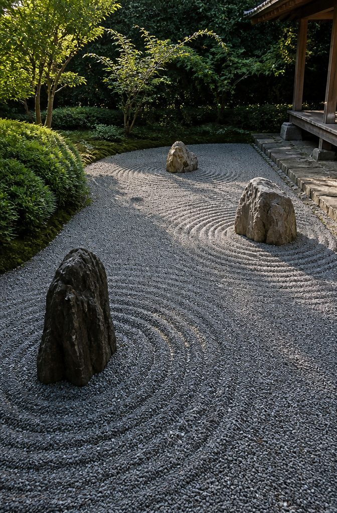 Japanese rock garden with raked gravel and three arranged stones.