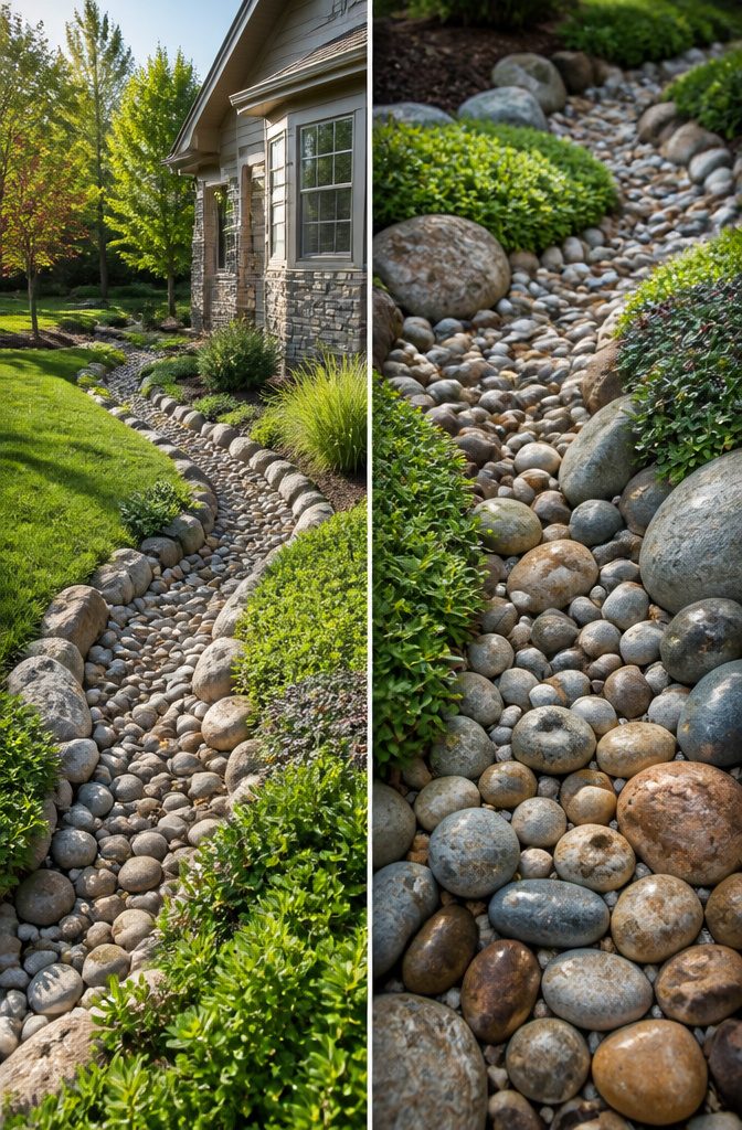Dry creek bed filled with river rock and surrounded by groundcovers.