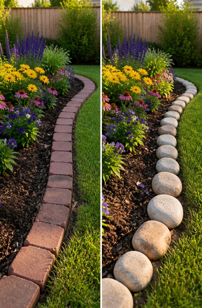 Rock border edging flower beds in a garden.