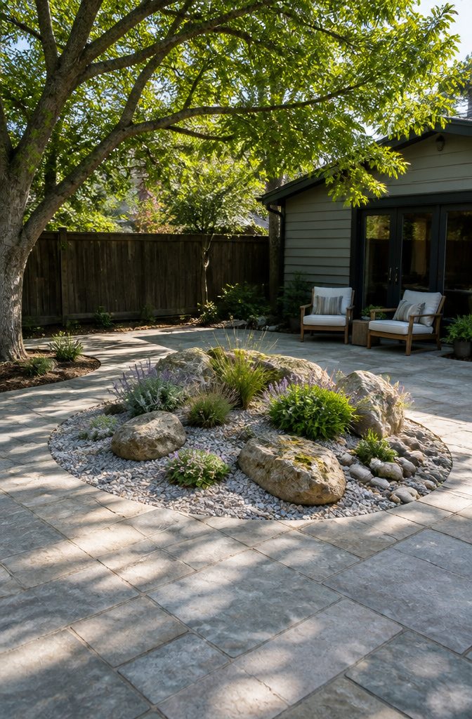 Rock garden featuring boulders, crushed granite, sedum, and ornamental grasses.