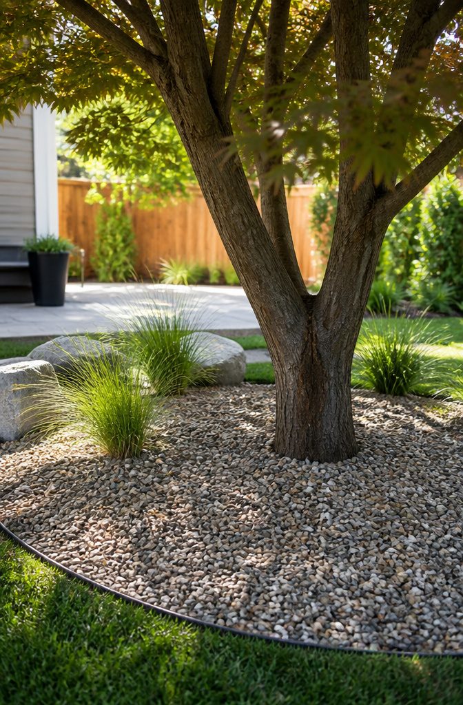 Tree base covered with pea gravel and ornamental grasses.