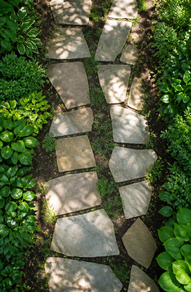Stepping stones laid in a garden with crushed granite.