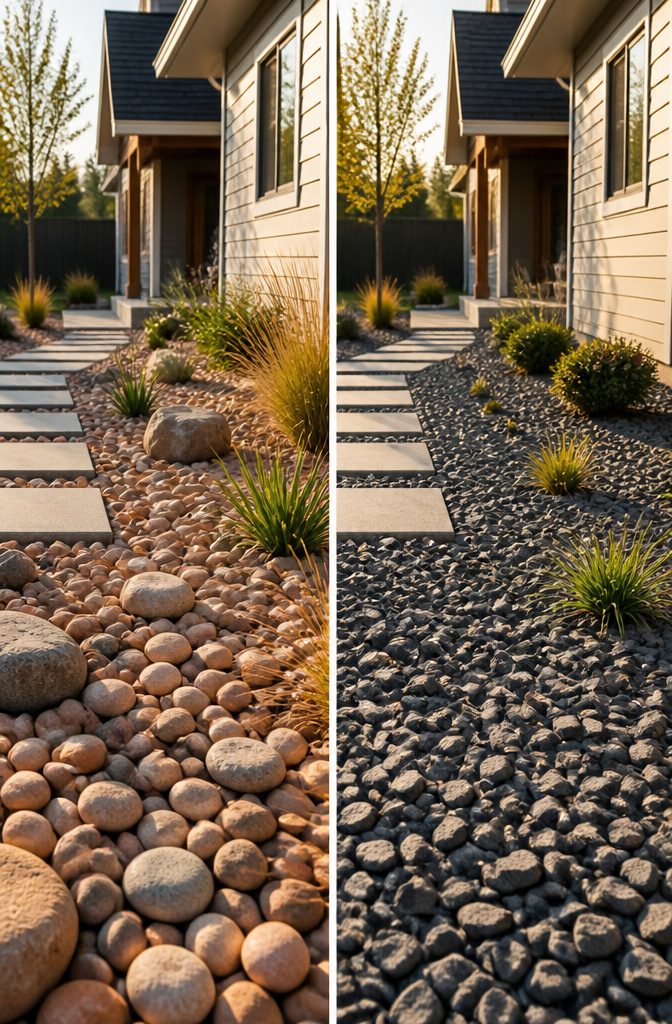 Various stones in warm earth tones, including greige and terracotta.