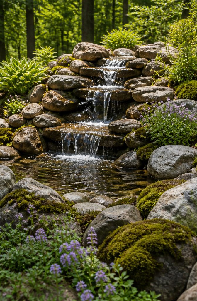 Fountain encircled by natural stones in a garden.