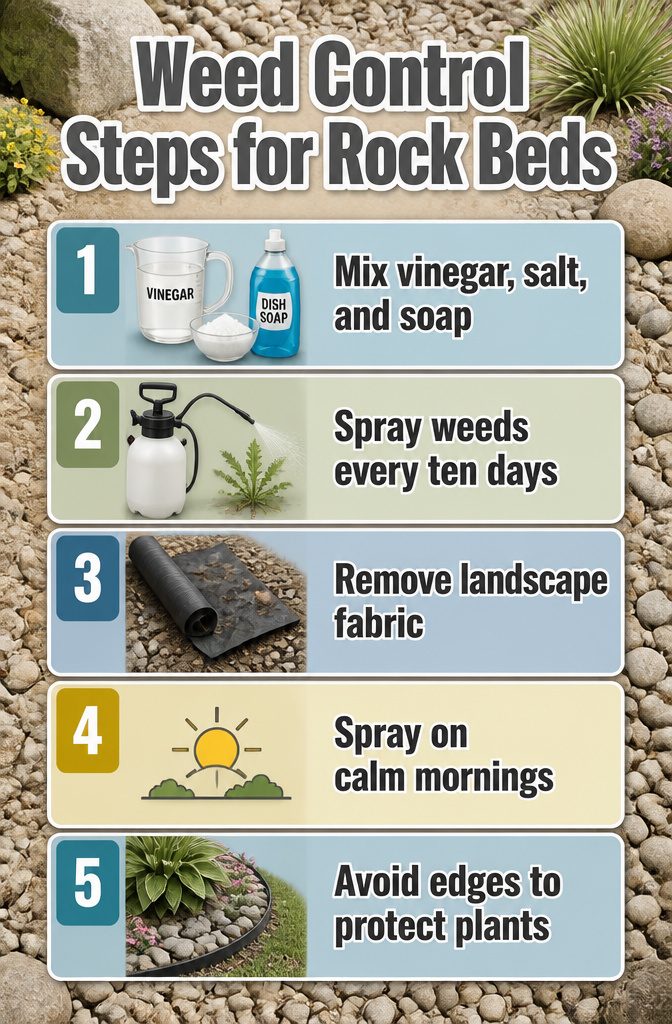 Weed control steps for managing rock beds.