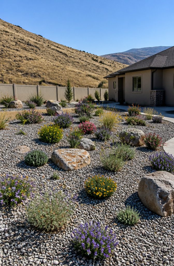 Xeriscaped area featuring gravel and native plants.