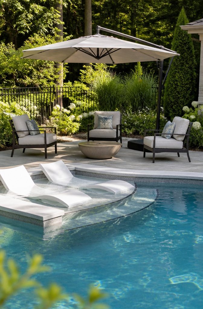 Backyard with Pool Design: Ideas for Layout, Water Features and Style 9 A shallow bench built into a pool for seating and relaxation.