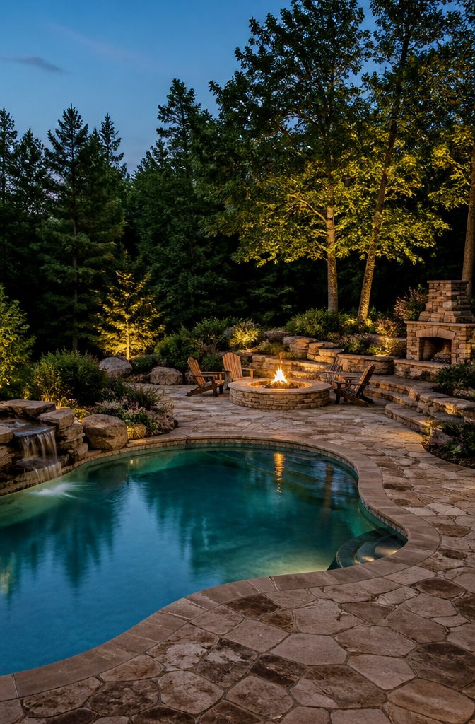 Backyard with Pool Design: Ideas for Layout, Water Features and Style 5 A fire pit near a pool, providing warmth and ambiance at night.
