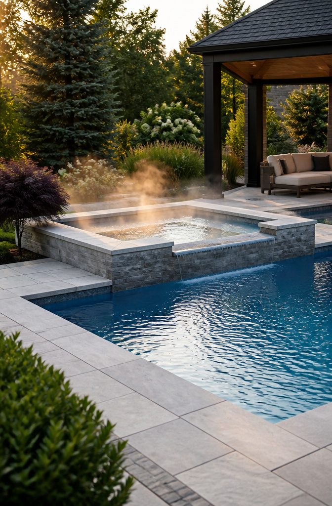 Backyard with Pool Design: Ideas for Layout, Water Features and Style 15 A spa built into a pool with a smooth spillover edge.