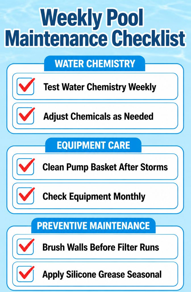 Backyard with Pool Design: Ideas for Layout, Water Features and Style 18 A checklist for weekly pool maintenance tasks.
