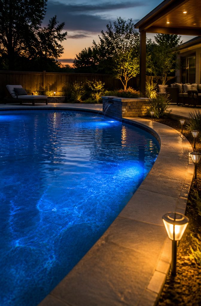 Backyard with Pool Design: Ideas for Layout, Water Features and Style 8 LED lights illuminating a pool area for better nighttime visibility.