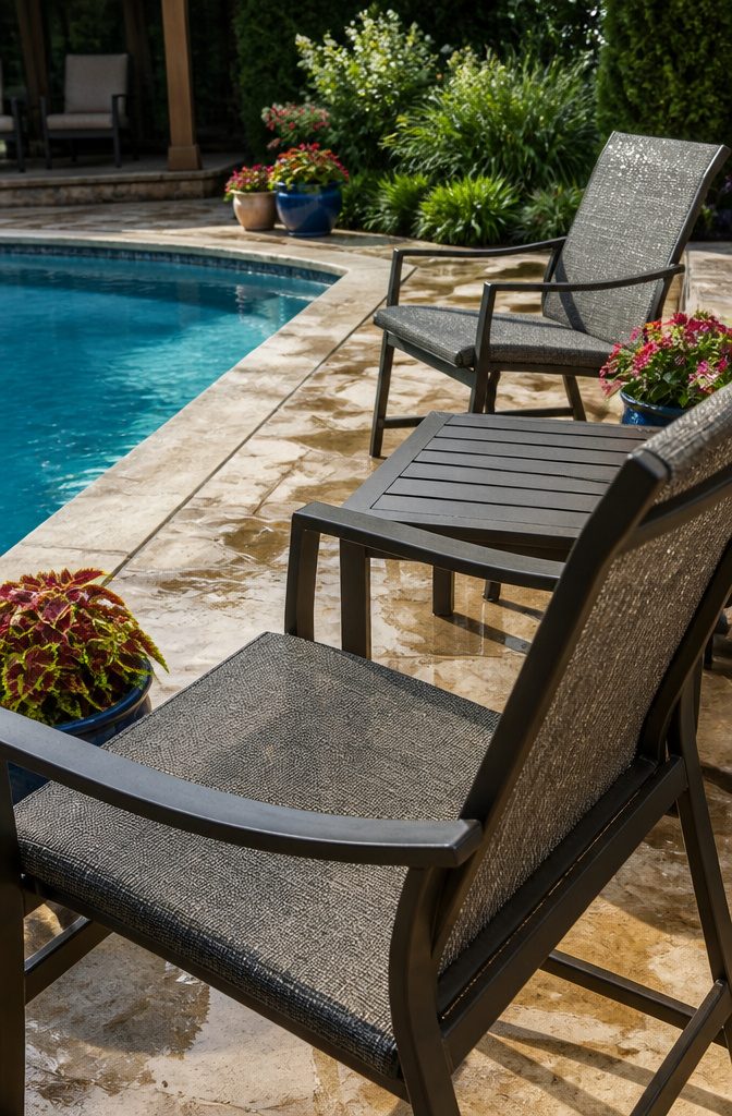 Backyard with Pool Design: Ideas for Layout, Water Features and Style 10 Aluminum-framed seating around a pool, designed to withstand outdoor conditions.