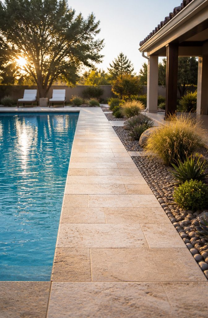 Backyard with Pool Design: Ideas for Layout, Water Features and Style 12 Travertine pavers leading from the pool area for practical landscaping.