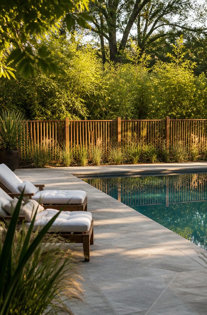 Backyard with Pool Design: Ideas for Layout, Water Features and Style 6 A decorative fence and bamboo surrounding a pool area for privacy.