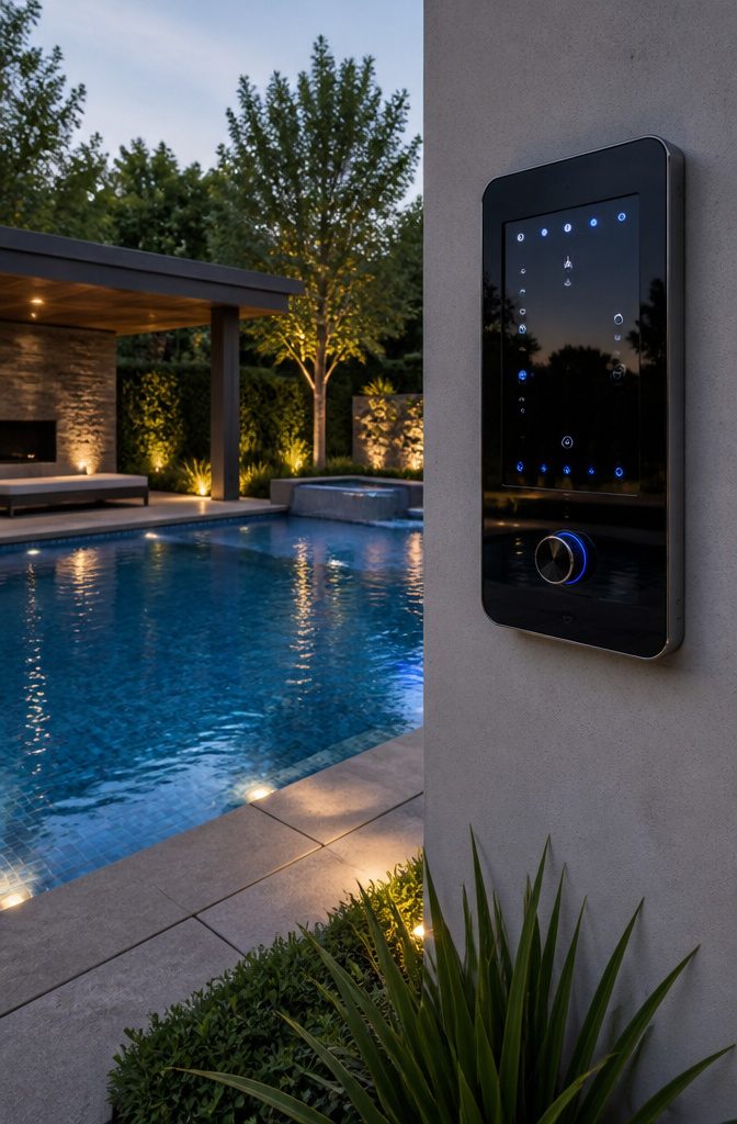 Backyard with Pool Design: Ideas for Layout, Water Features and Style 16 A modern control panel for smart pool features beside a pool.
