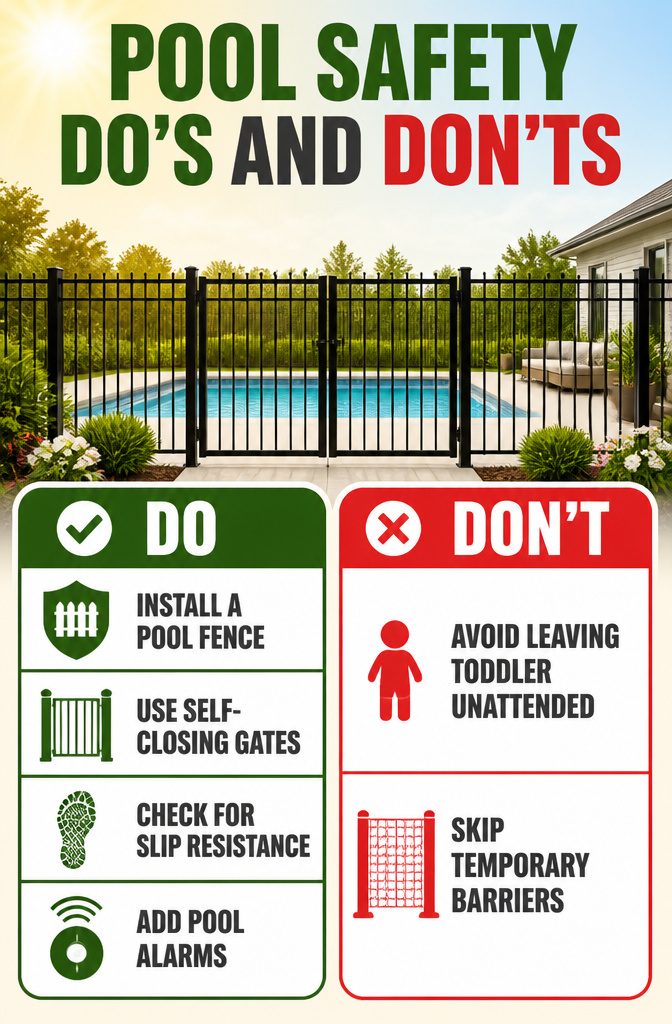 Backyard with Pool Design: Ideas for Layout, Water Features and Style 19 A four-foot high steel picket fence surrounding a pool area.
