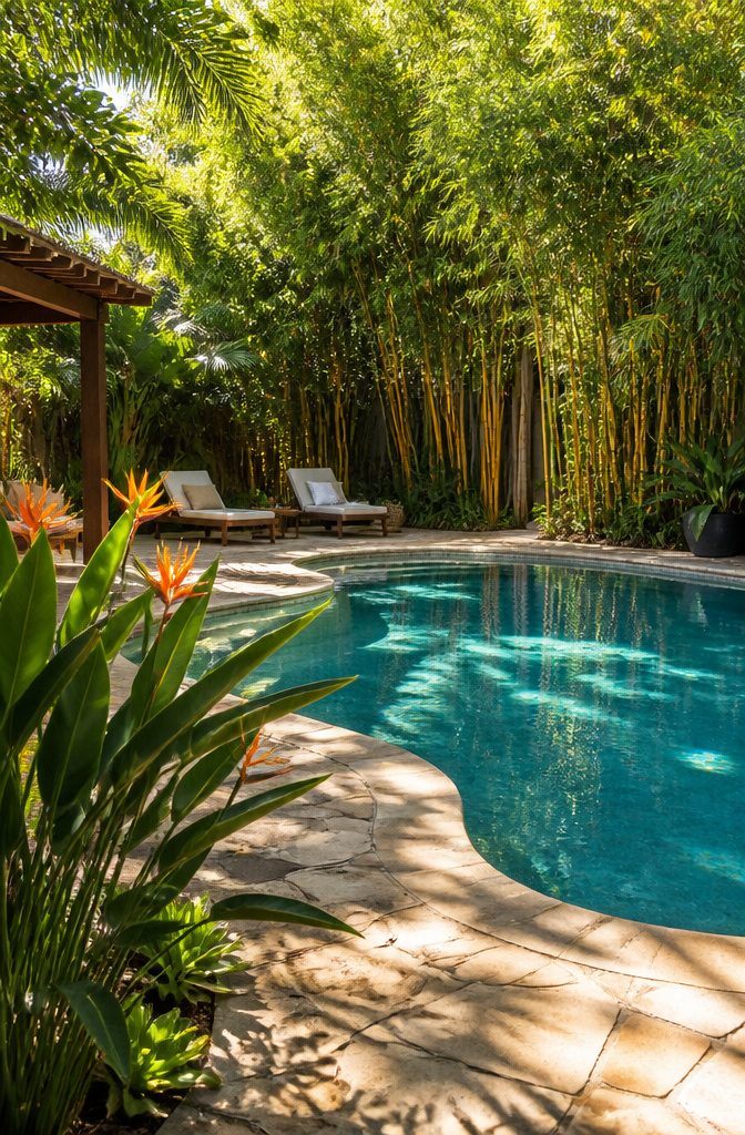 Backyard with Pool Design: Ideas for Layout, Water Features and Style 4 Tropical plants like bamboo and bird of paradise near a sparkling pool.