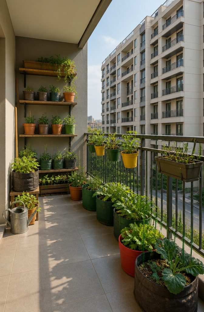 Photograph of a balcony with sunlight and shadows from neighboring buildings.