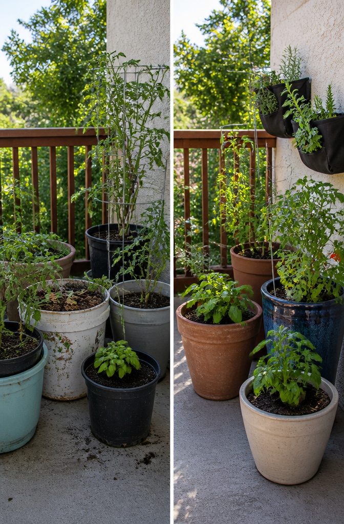 Image of different container sizes for growing vegetables on a balcony.