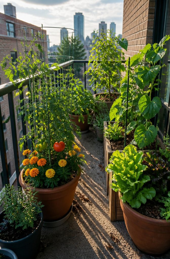 Balanced planting of tomatoes with marigolds and greens in a balcony garden.