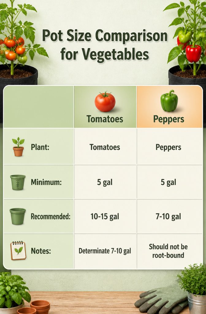 Comparison chart of pot sizes needed for different vegetables.