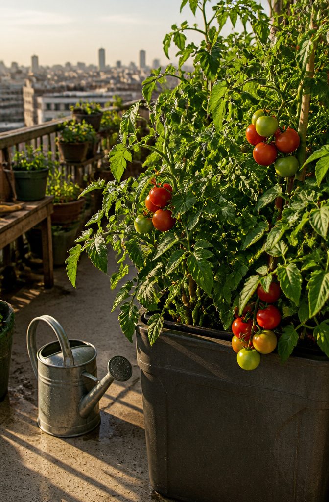 Image of a balcony garden with various plants and fertilizer options.
