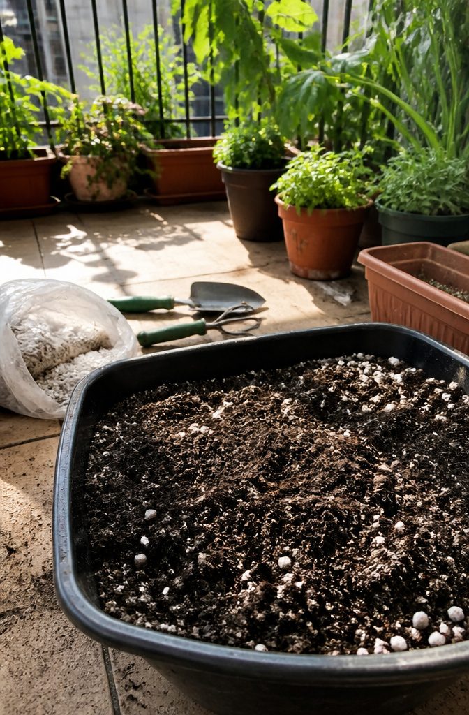 Close-up of a soil mix showing potting mix, compost, and perlite.