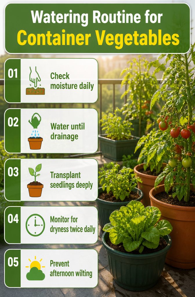 Information image about watering routine for container vegetables.
