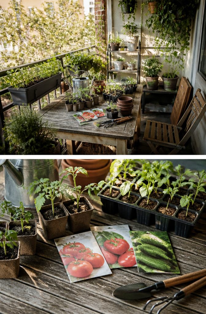 Image showing packets of tomato seeds and a seedling in a nursery pot.