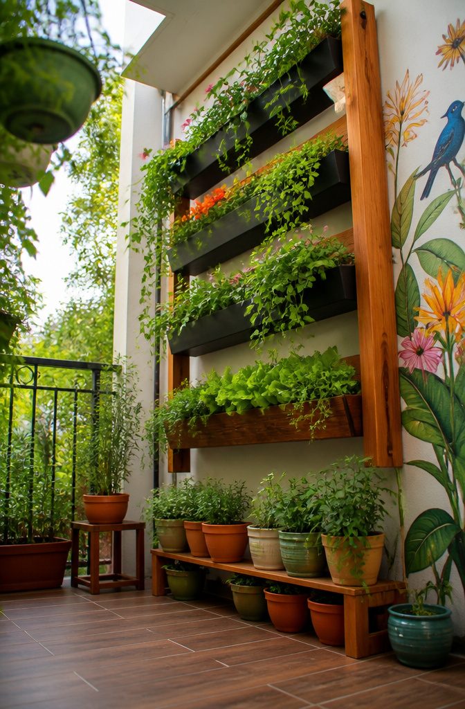 Image of hanging pots and wall-mounted planters on a balcony.