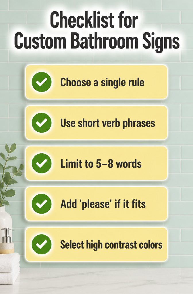 An information image displaying a checklist for custom bathroom signs.