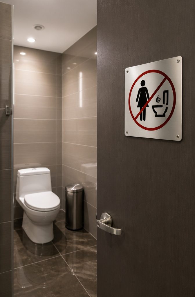 A sign saying 'Do Not Flush Feminine Products' on a restroom stall.