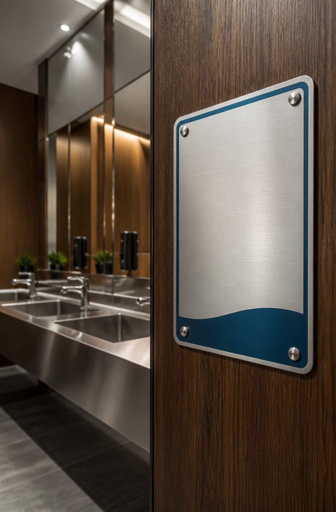 An aluminum bathroom rules sign in a commercial restroom.