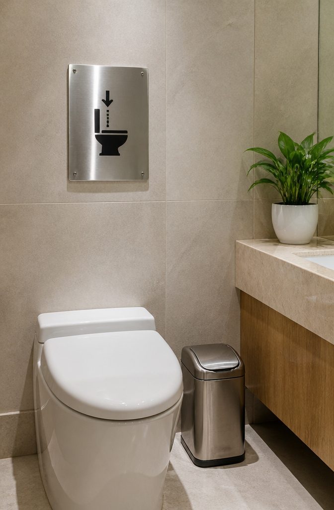 A sign that reads 'Flush Toilet After Use' in a public restroom.