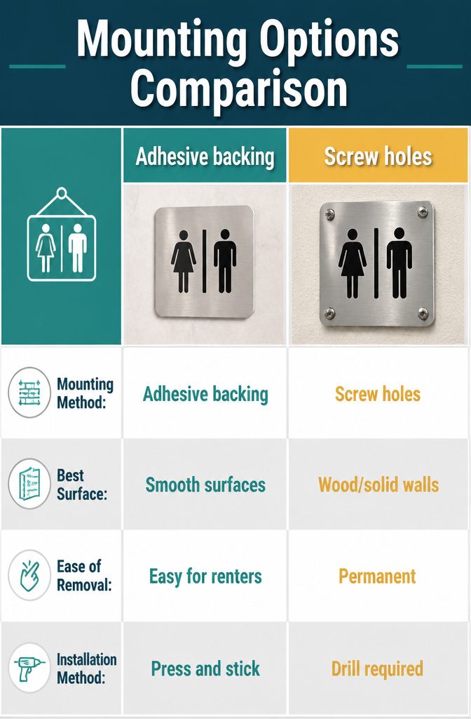 An image showing various mounting options for bathroom signs.