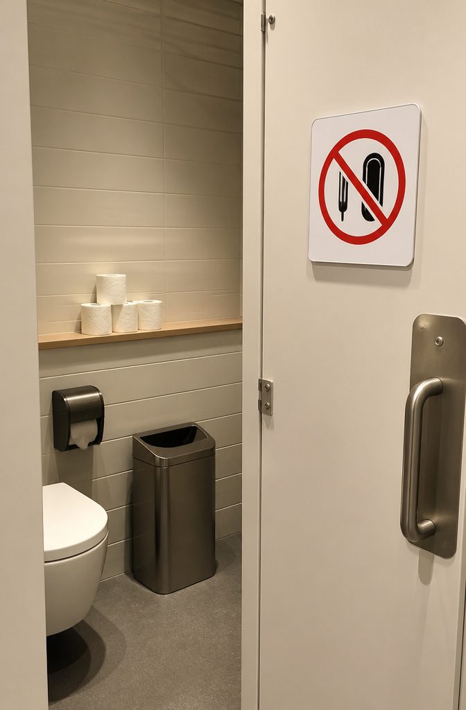 A sign stating 'No sanitary napkins or tampons in toilet' on a stall door.