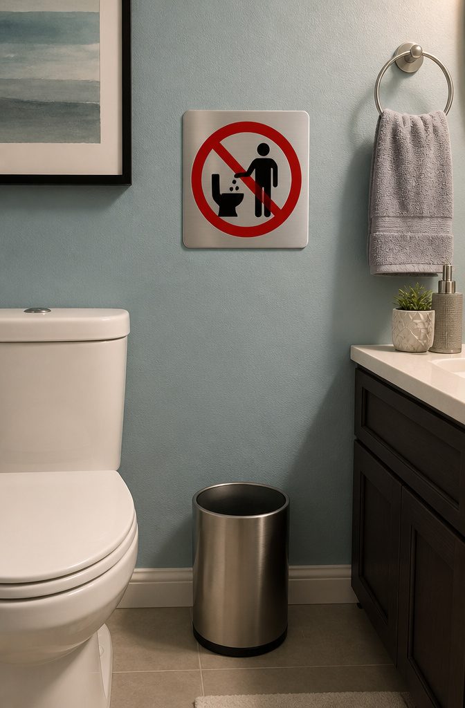A sign reading 'Use Receptacle' near a toilet.